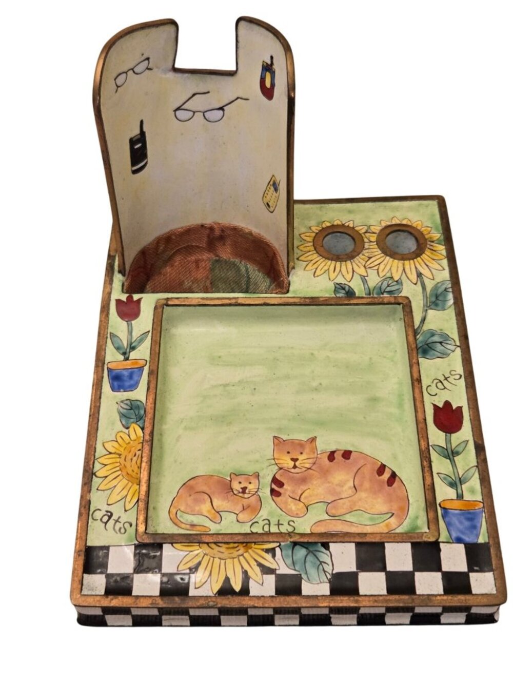 Vintage Kelvin Chen Enamel Desk Organizer With Cat Design 2004
